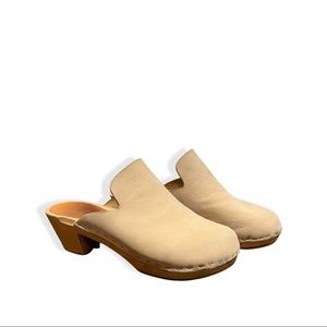 BRYR Maggie Driver Loafer Mid Heel Handmade Wooden Clogs in Bone Nubuck
